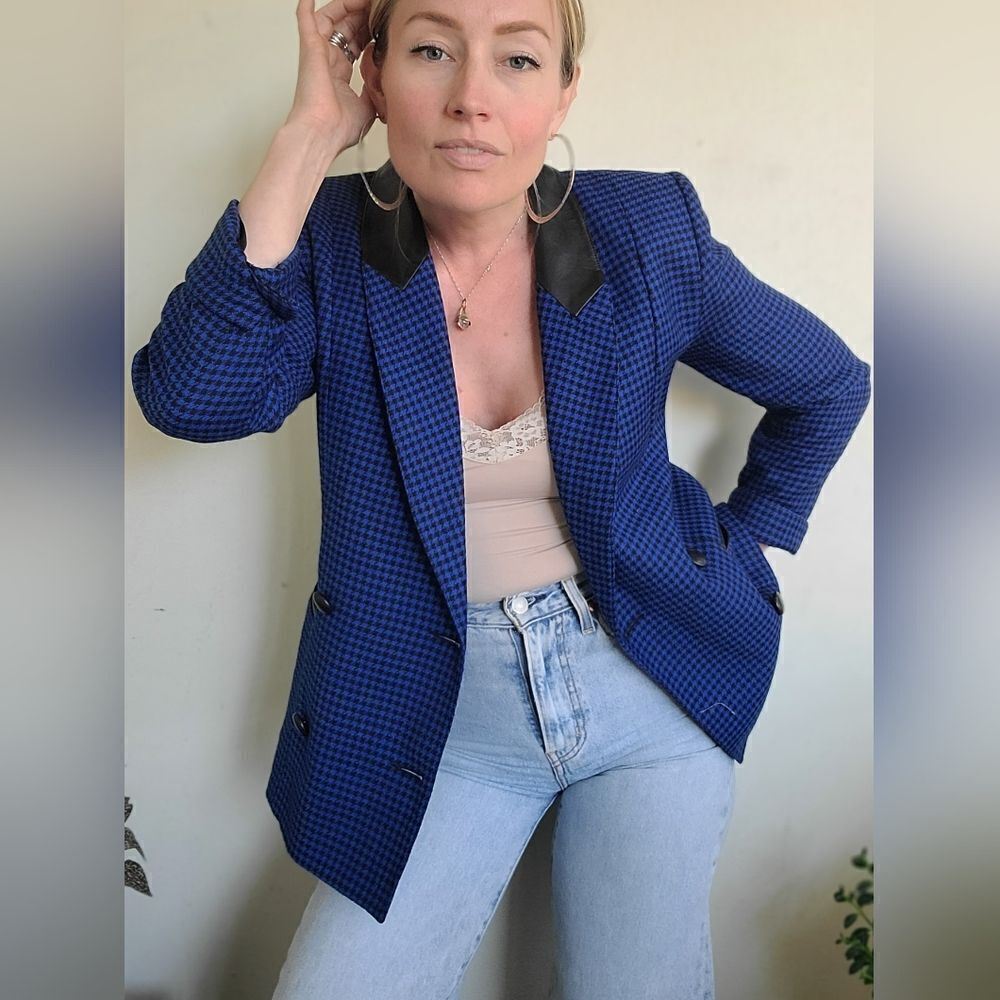 Sebastian Wool + Leather Vintage Houndstooth Blazer S-M - Picture 11 of 15